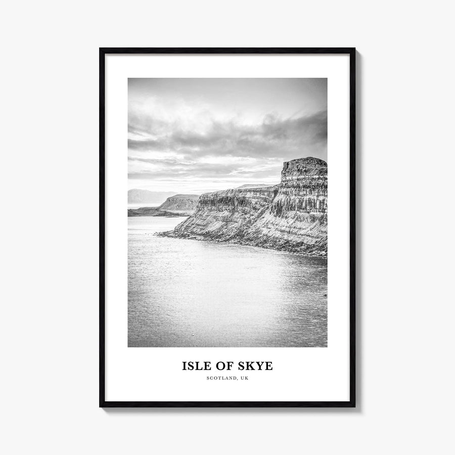Isle of Skye black & white classic poster of Scotland, UK – vertical wall art, unframed print shown in interior mockup