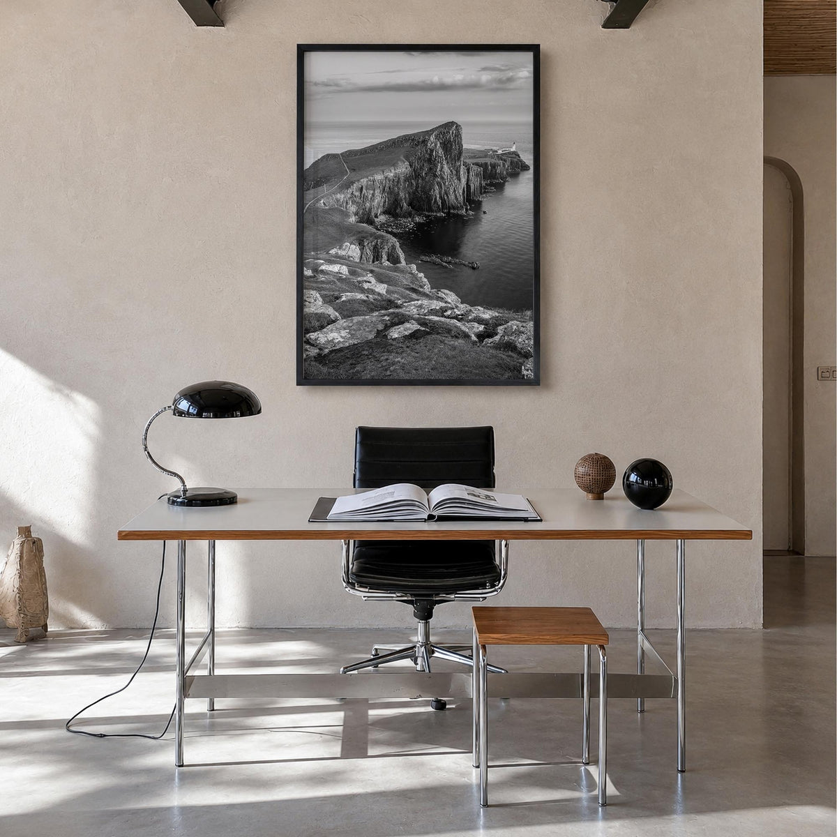 Isle of Skye black & white photo poster of Scotland, UK – vertical wall art in black wood frame, hanging on wall