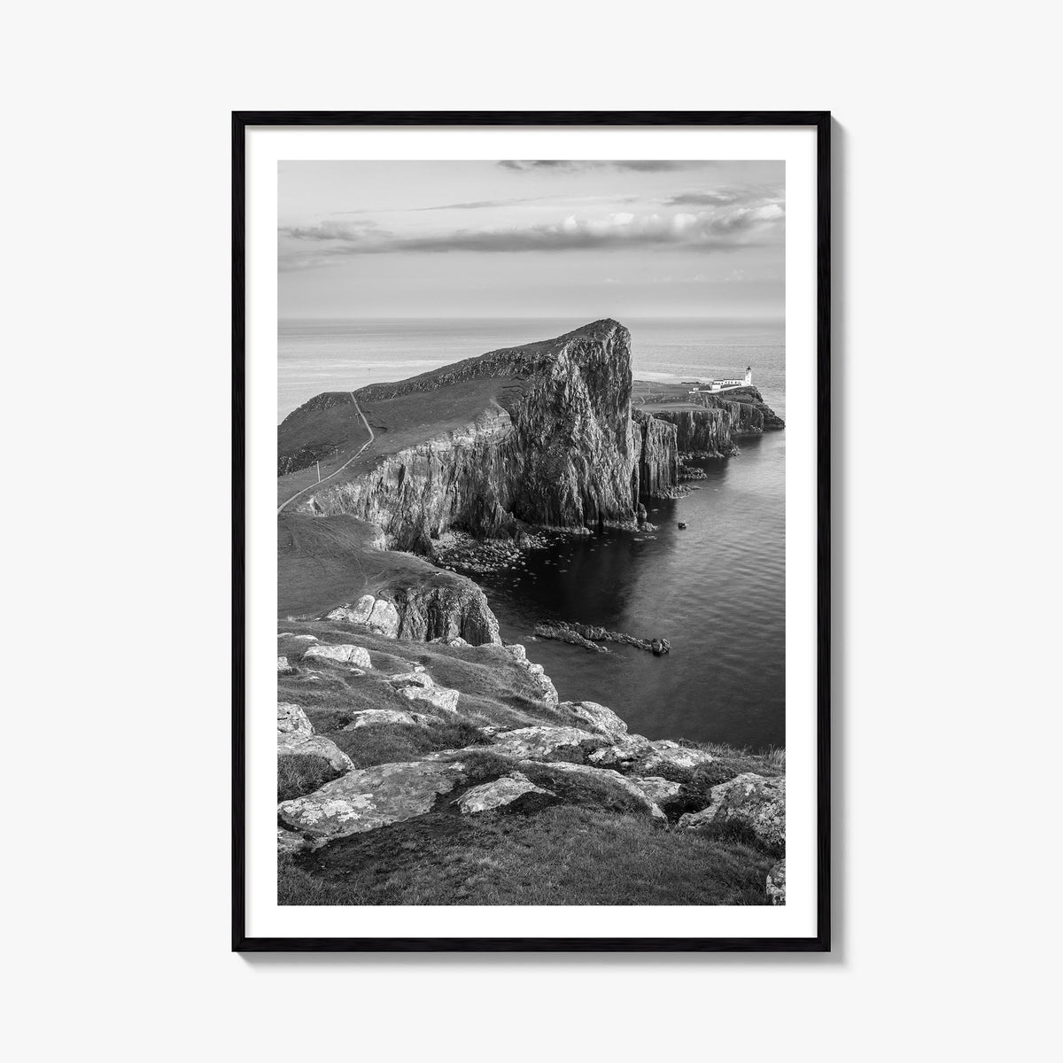 Isle of Skye black & white photo poster of Scotland, UK – vertical wall art, unframed print shown in interior mockup