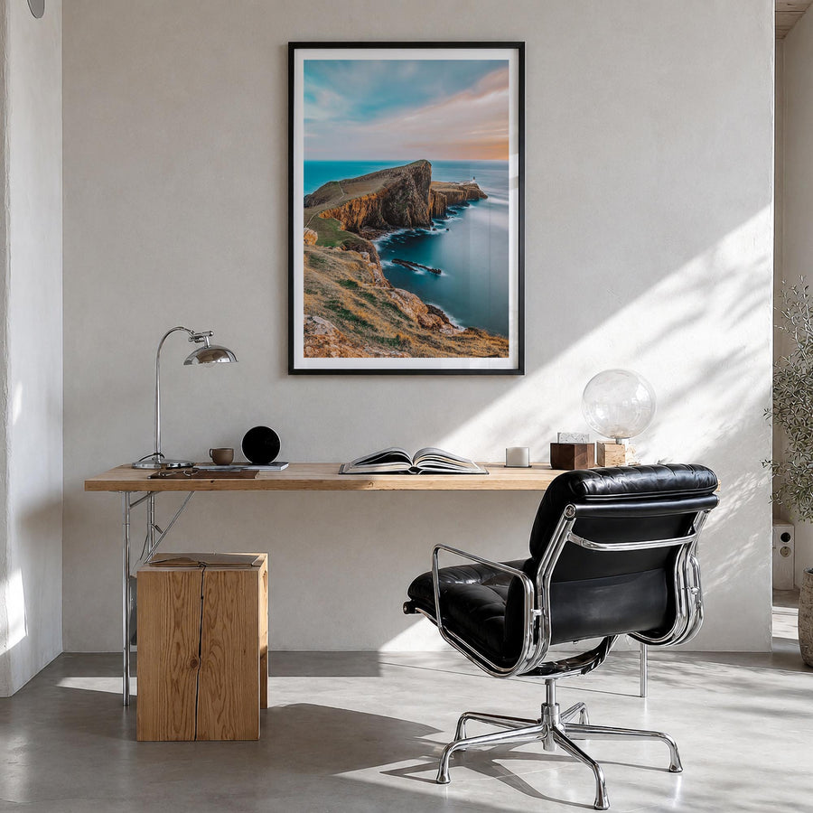 Isle of Skye colorful photo poster of Scotland, UK – vertical wall art in black wood frame with white border, hanging on wall