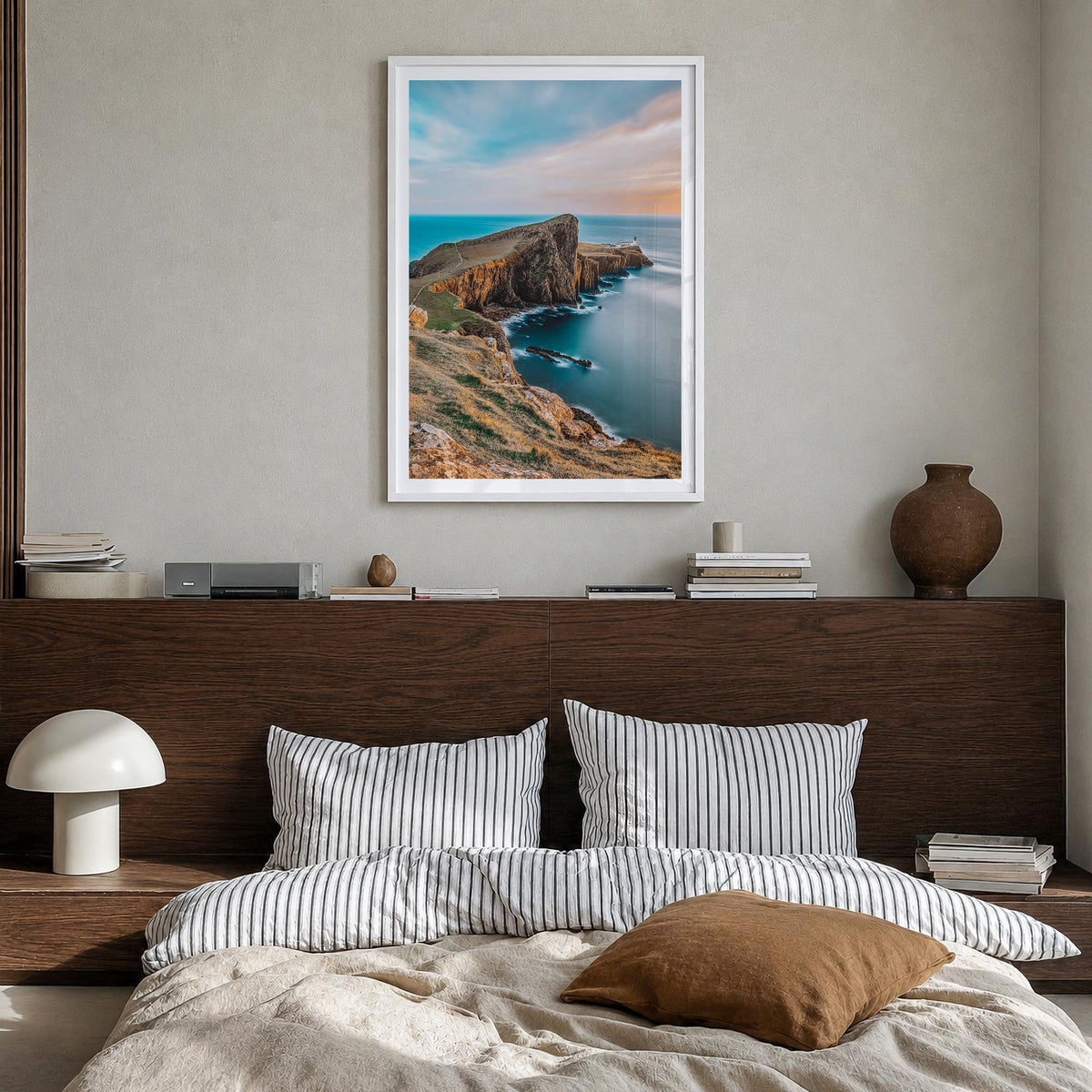 Isle of Skye colorful photo poster of Scotland, UK – vertical wall art in white wood frame with white border, hanging on wall