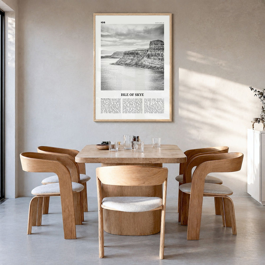 Isle of Skye Newspaper Poster in a natural wood frame, hanging in a dining room