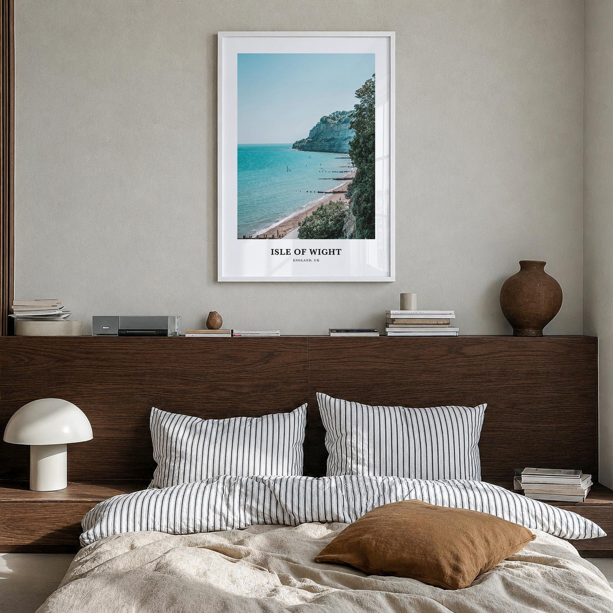 Isle of Wight colorful classic poster of United Kingdom – vertical wall art in white wood frame, hanging on wall