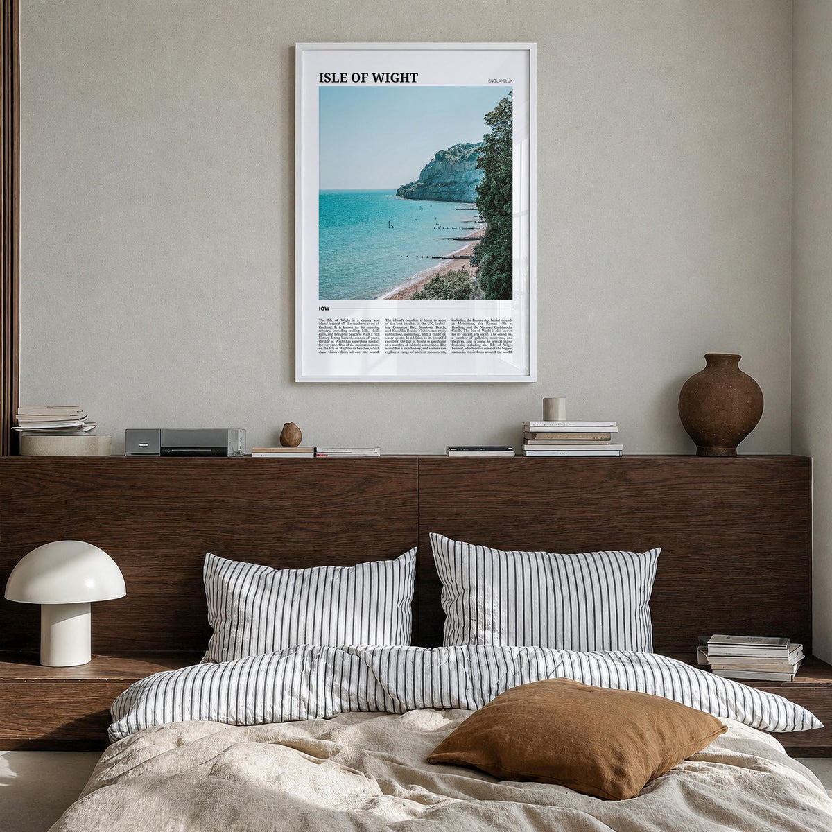 Isle of Wight colorful travel poster of United Kingdom – vertical wall art in white wood frame, hanging on wall