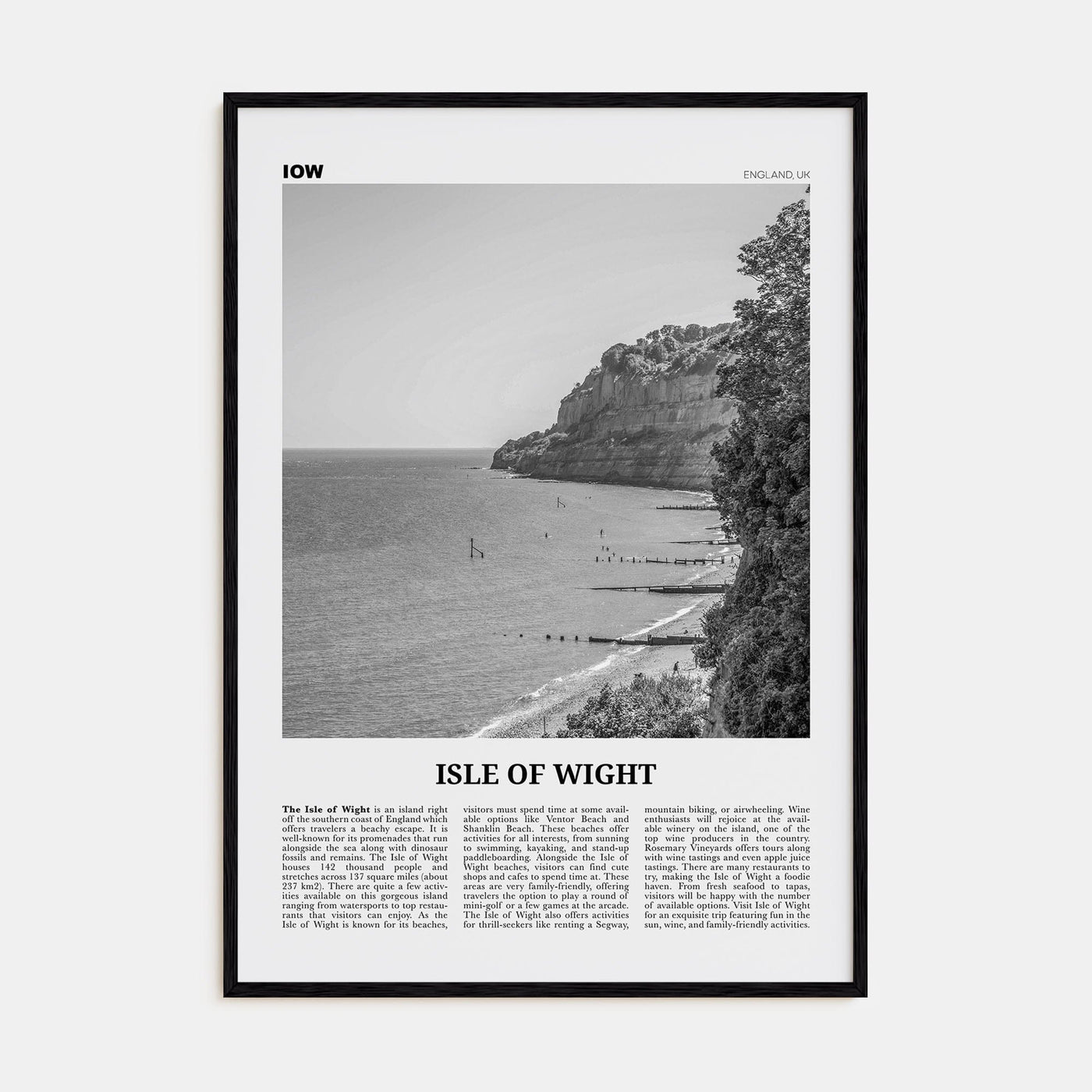 Isle of Wight Poster Black Wood / 8x12 in Nbourhood Travel B&W Poster