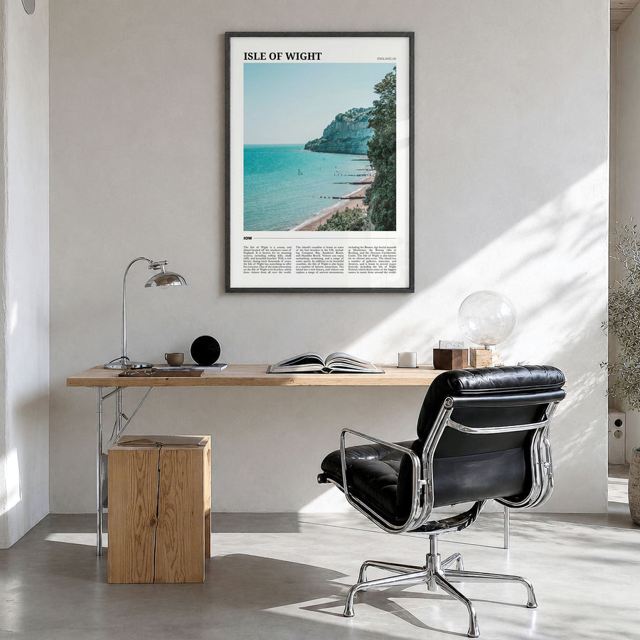 Isle of Wight Travel Poster in a black wood frame, hanging in a bright home office