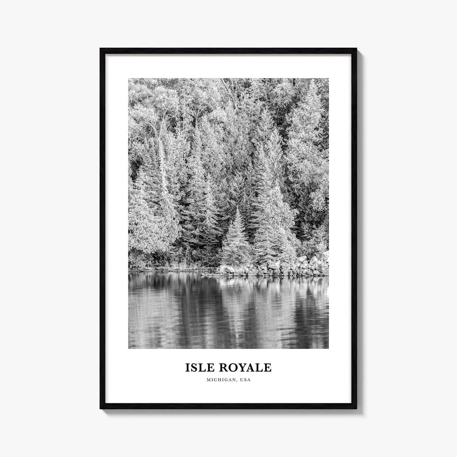 Isle Royale National Park black & white classic poster of Michigan, USA – vertical wall art, unframed print shown in interior