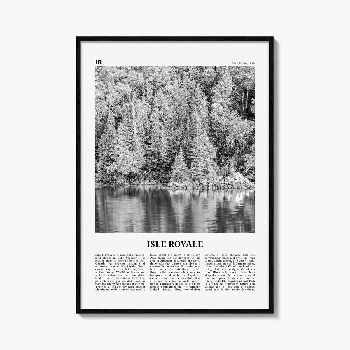 Isle Royale National Park black & white newspaper poster of Michigan, USA – vertical wall art, unframed print shown in interi