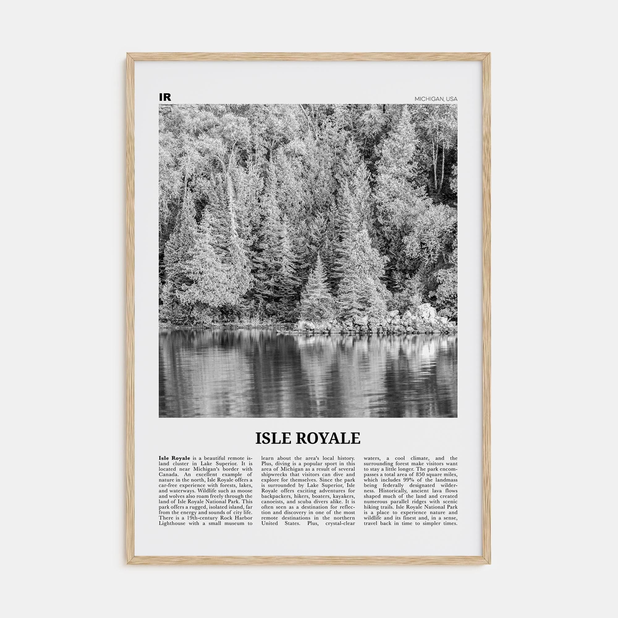 Isle Royale National Park Poster Natural Wood / 8x12 in Nbourhood Travel B&W Poster