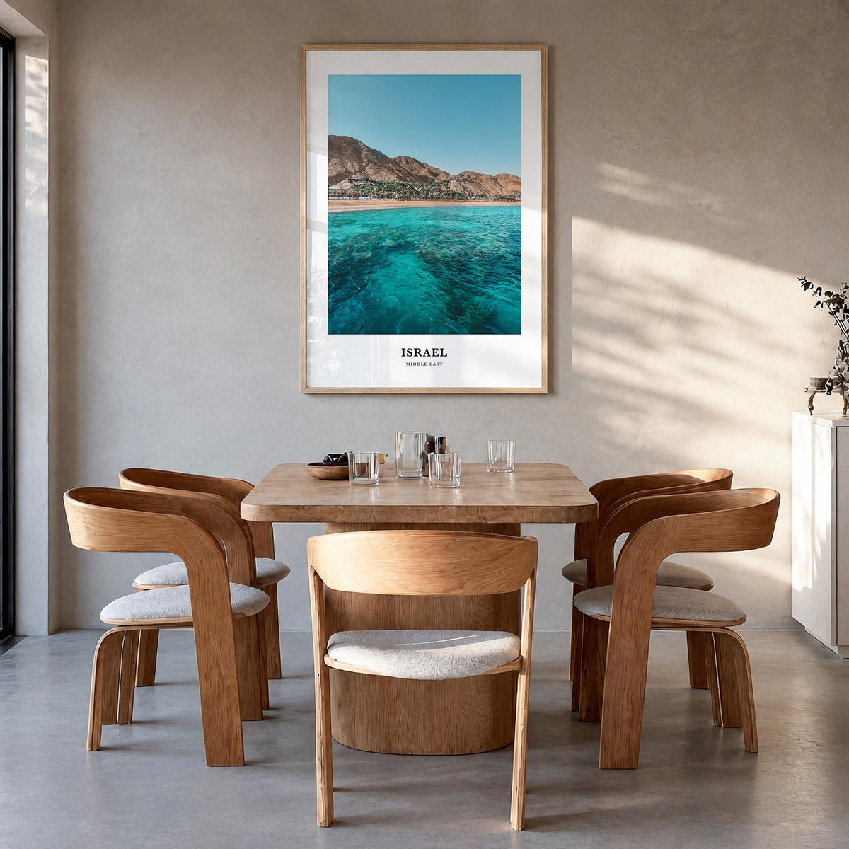 Israel colorful classic poster of Middle East – vertical wall art in natural wood frame, hanging on wall