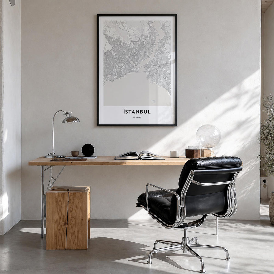 Istanbul black & white map poster of Türkiye – vertical wall art in black wood frame, hanging on wall