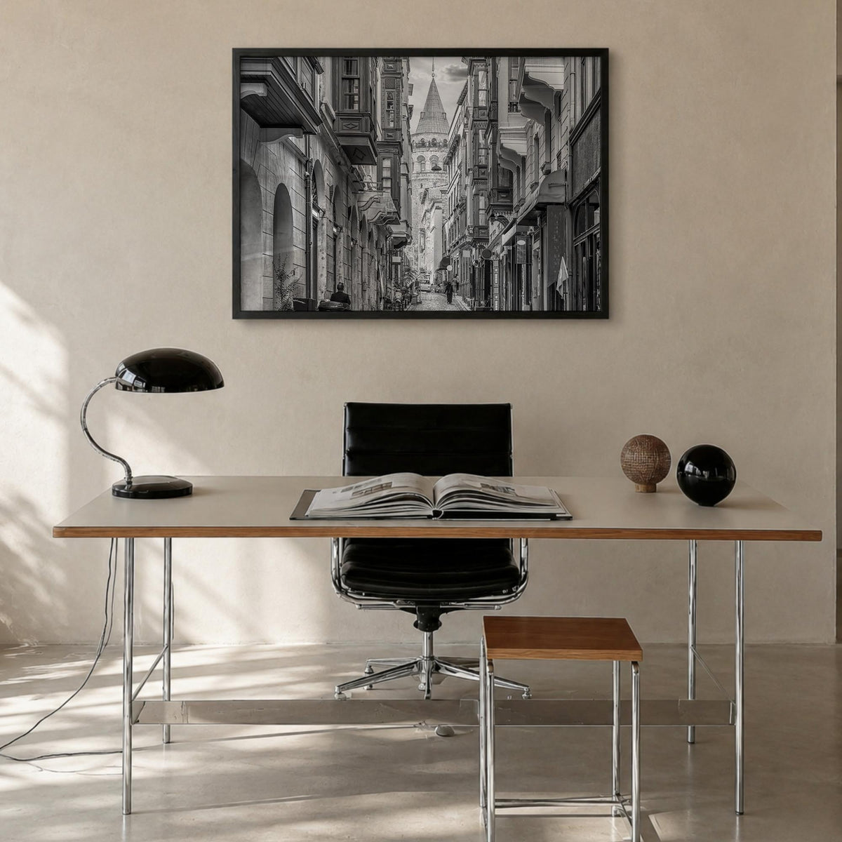 Istanbul black & white photo poster of Türkiye – horizontal wall art in black wood frame, hanging on wall