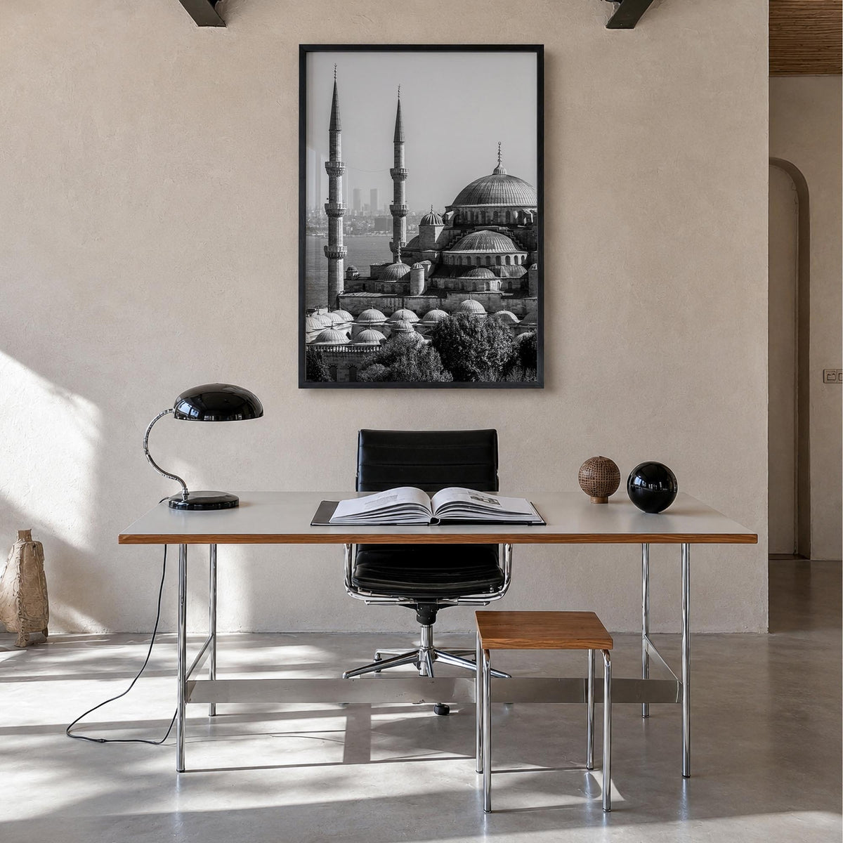 Istanbul black & white photo poster of Türkiye – vertical wall art in black wood frame, hanging on wall