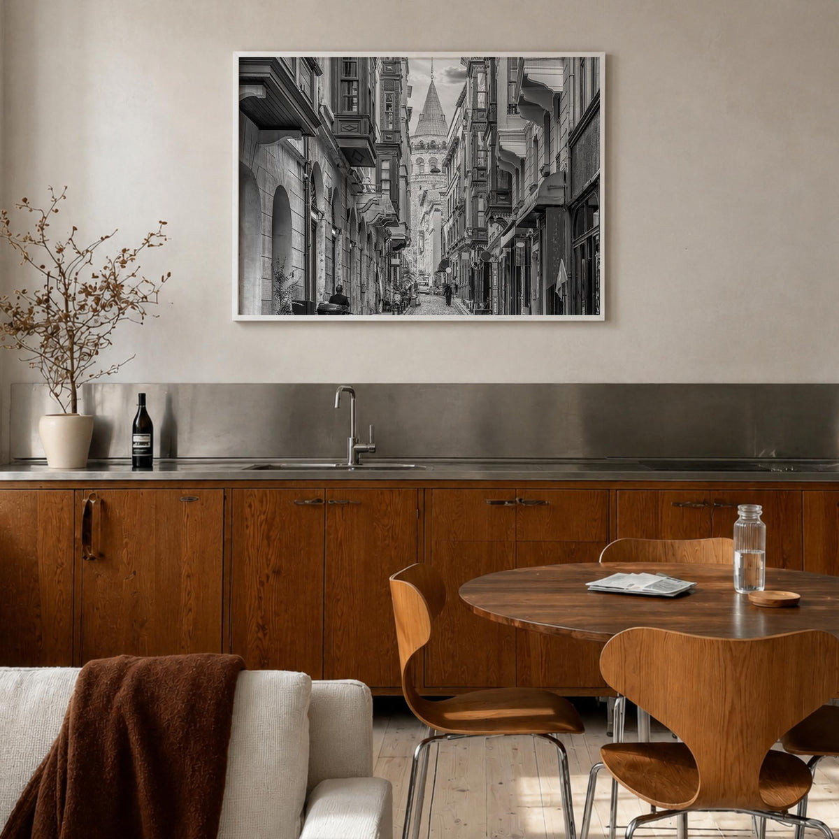 Istanbul black & white photo poster of Türkiye – horizontal wall art in white wood frame, hanging on wall