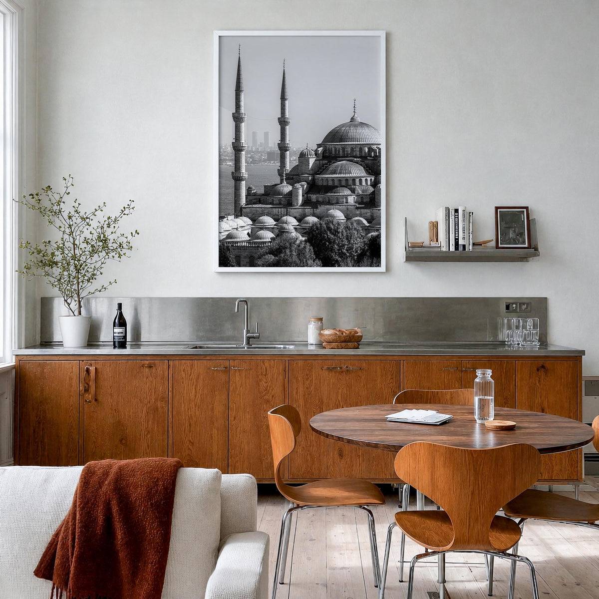 Istanbul black & white photo poster of Türkiye – vertical wall art in white wood frame, hanging on wall