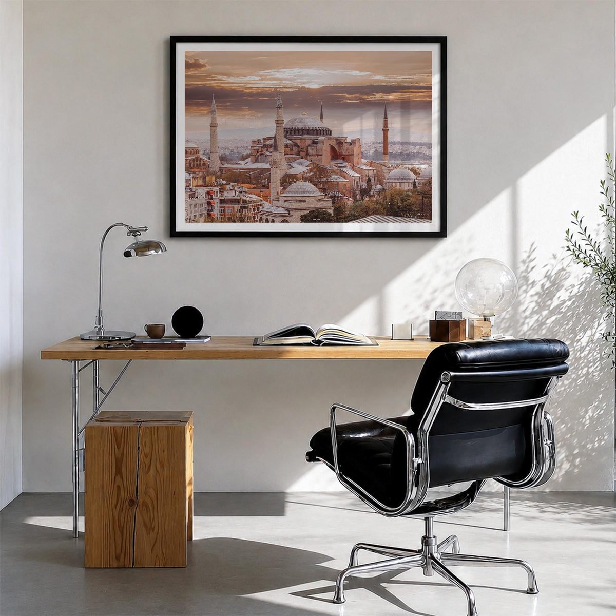 Istanbul colorful photo poster of Türkiye – horizontal wall art in black wood frame with white border, hanging on wall