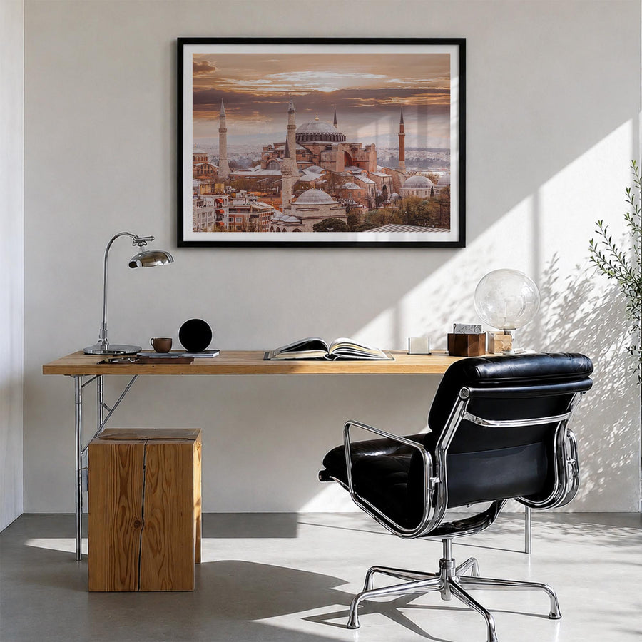 Istanbul colorful photo poster of Türkiye – horizontal wall art in black wood frame with white border, hanging on wall