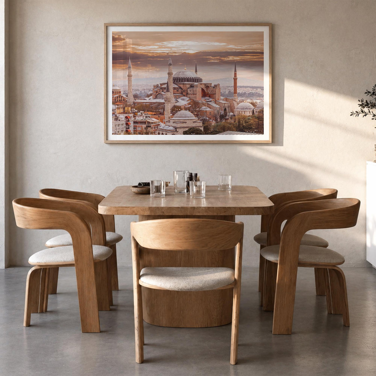 Istanbul colorful photo poster of Türkiye – horizontal wall art in natural wood frame with white border, hanging on wall