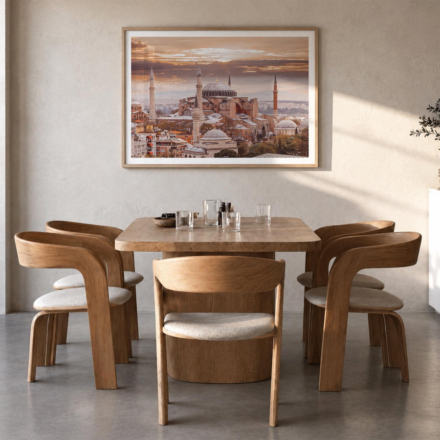 Istanbul colorful photo poster of Türkiye – horizontal wall art in natural wood frame with white border, hanging on wall