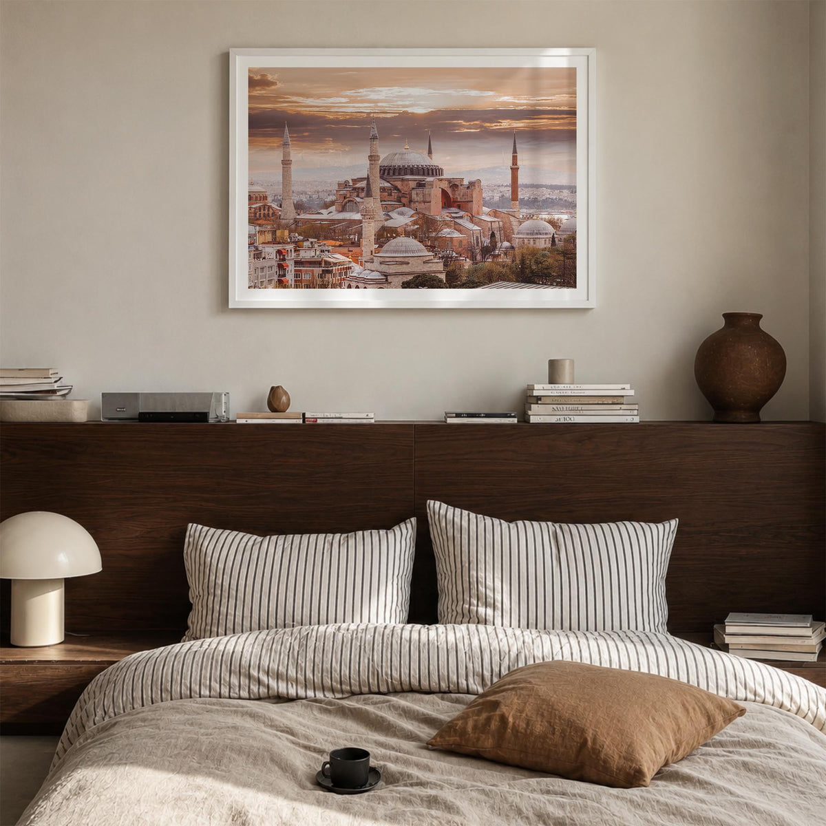 Istanbul colorful photo poster of Türkiye – horizontal wall art in white wood frame with white border, hanging on wall