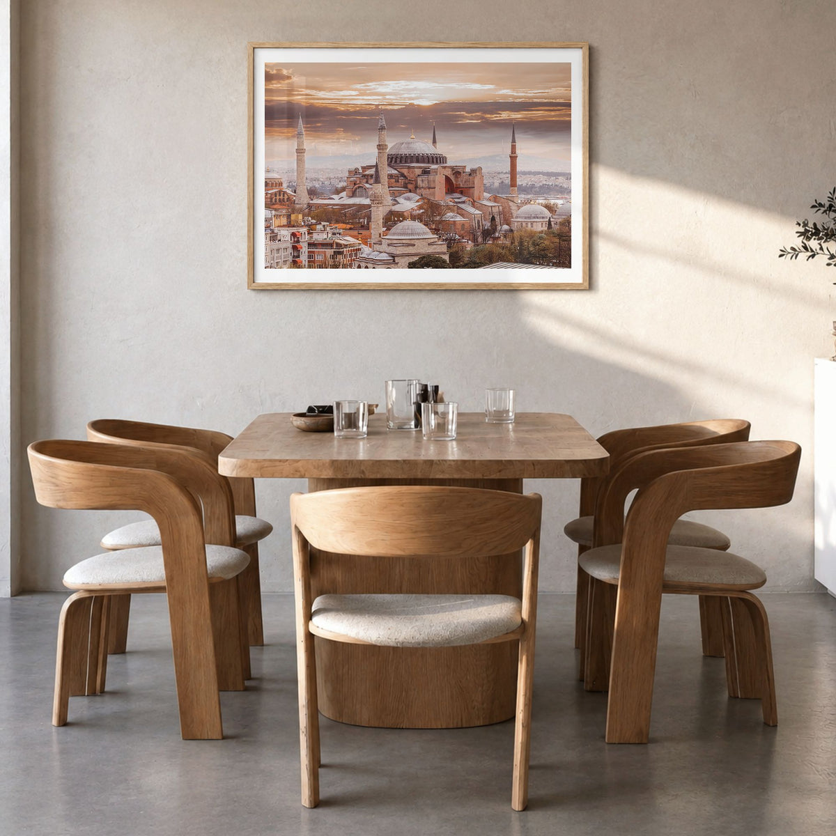 Istanbul Photo Poster in a natural wood frame, hanging in a dining room, white border