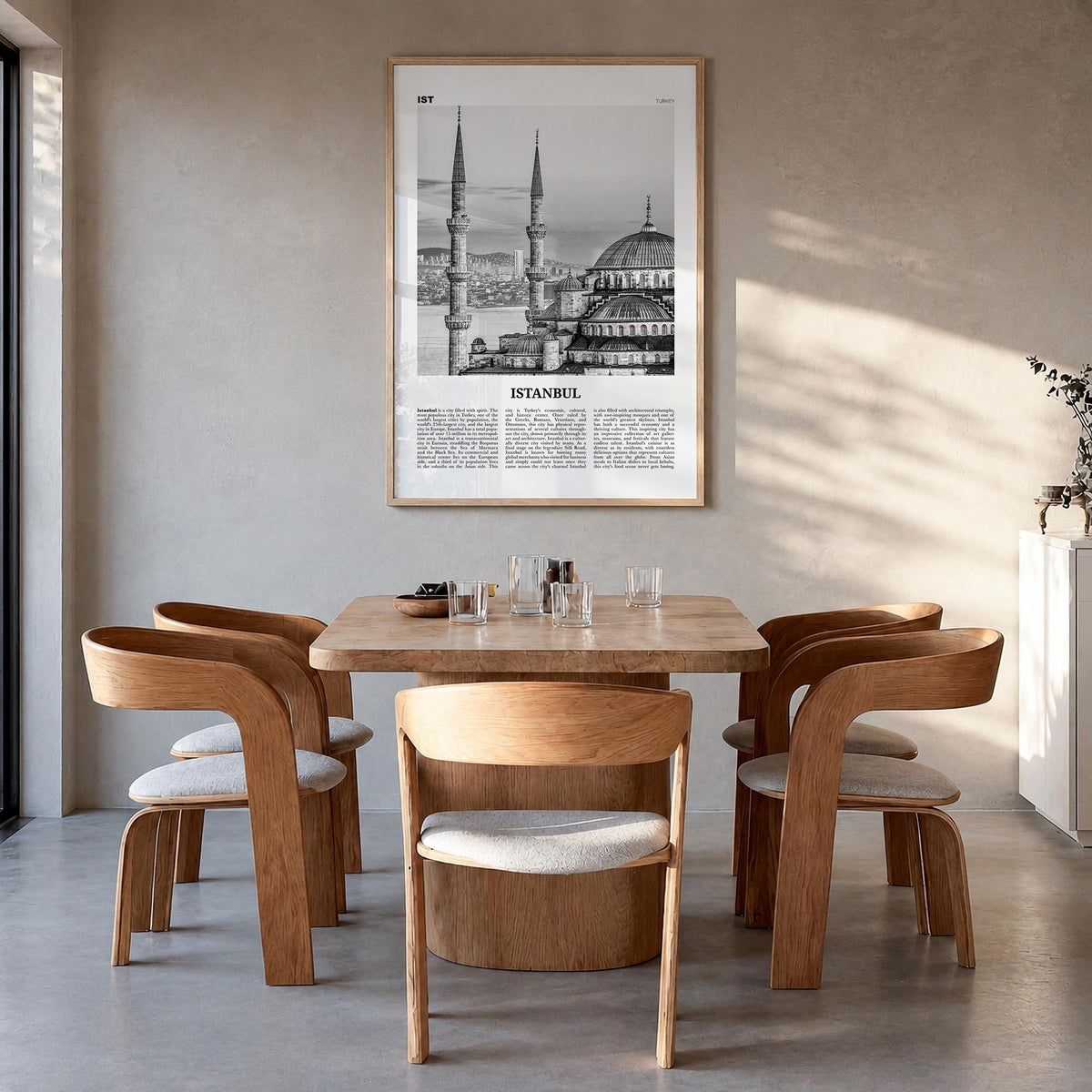 Istanbul no. 1 black & white newspaper poster of Türkiye – vertical wall art in natural wood frame, hanging on wall