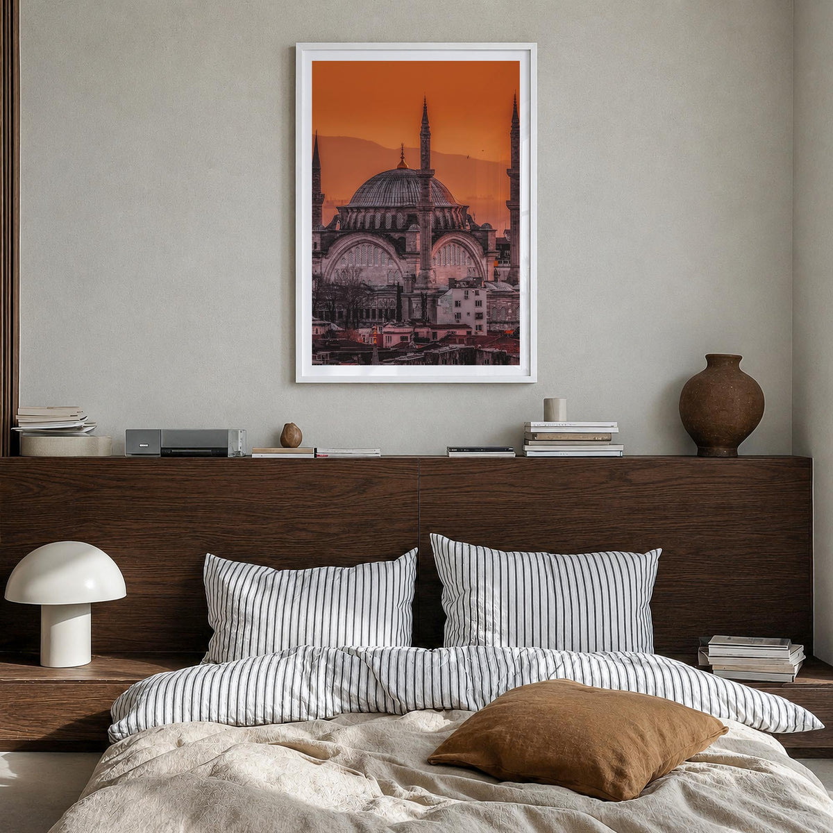 Istanbul no. 1 colorful photo poster of Türkiye – vertical wall art in white wood frame with white border, hanging on wall