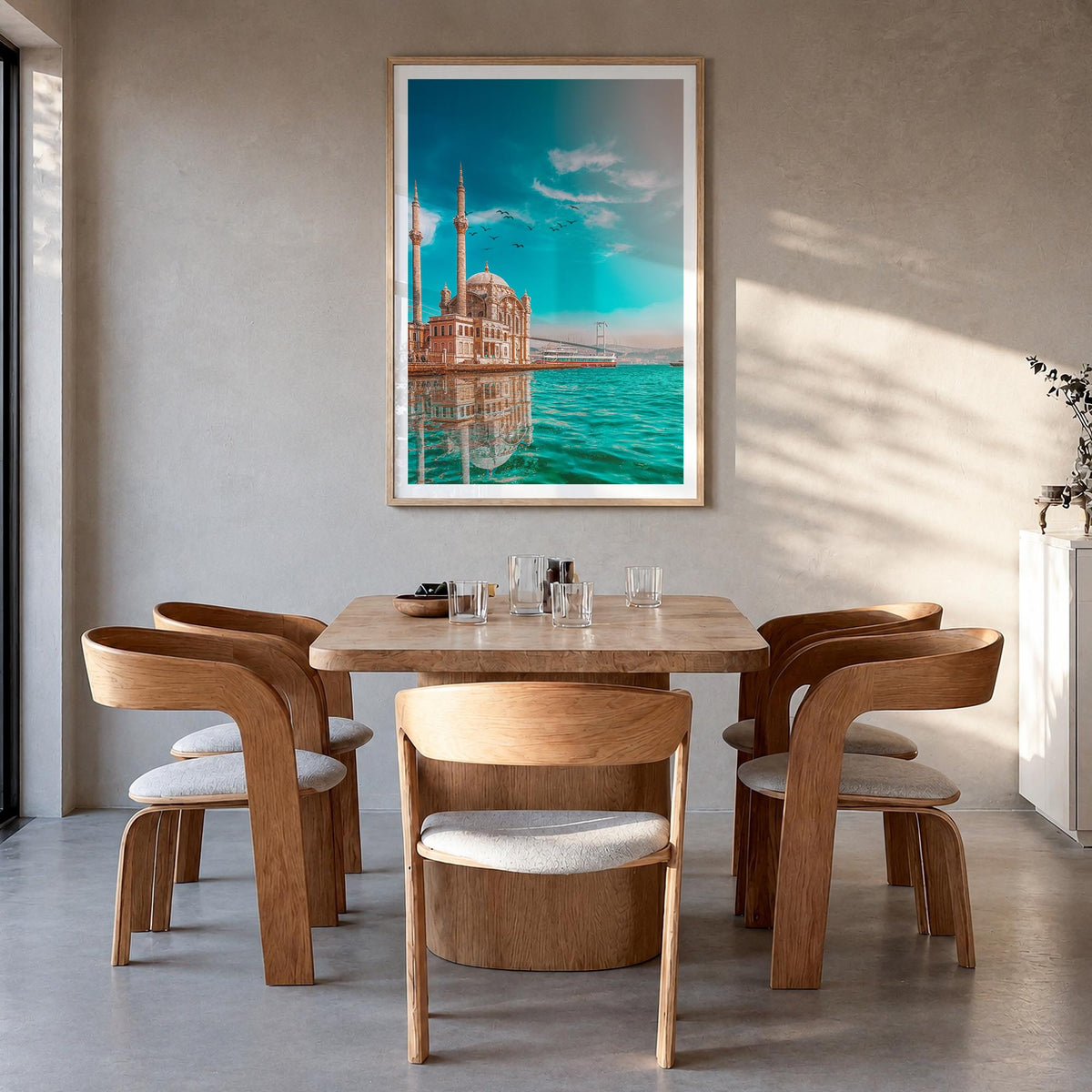 Istanbul no. 2 colorful photo poster of Türkiye – vertical wall art in natural wood frame with white border, hanging on wall
