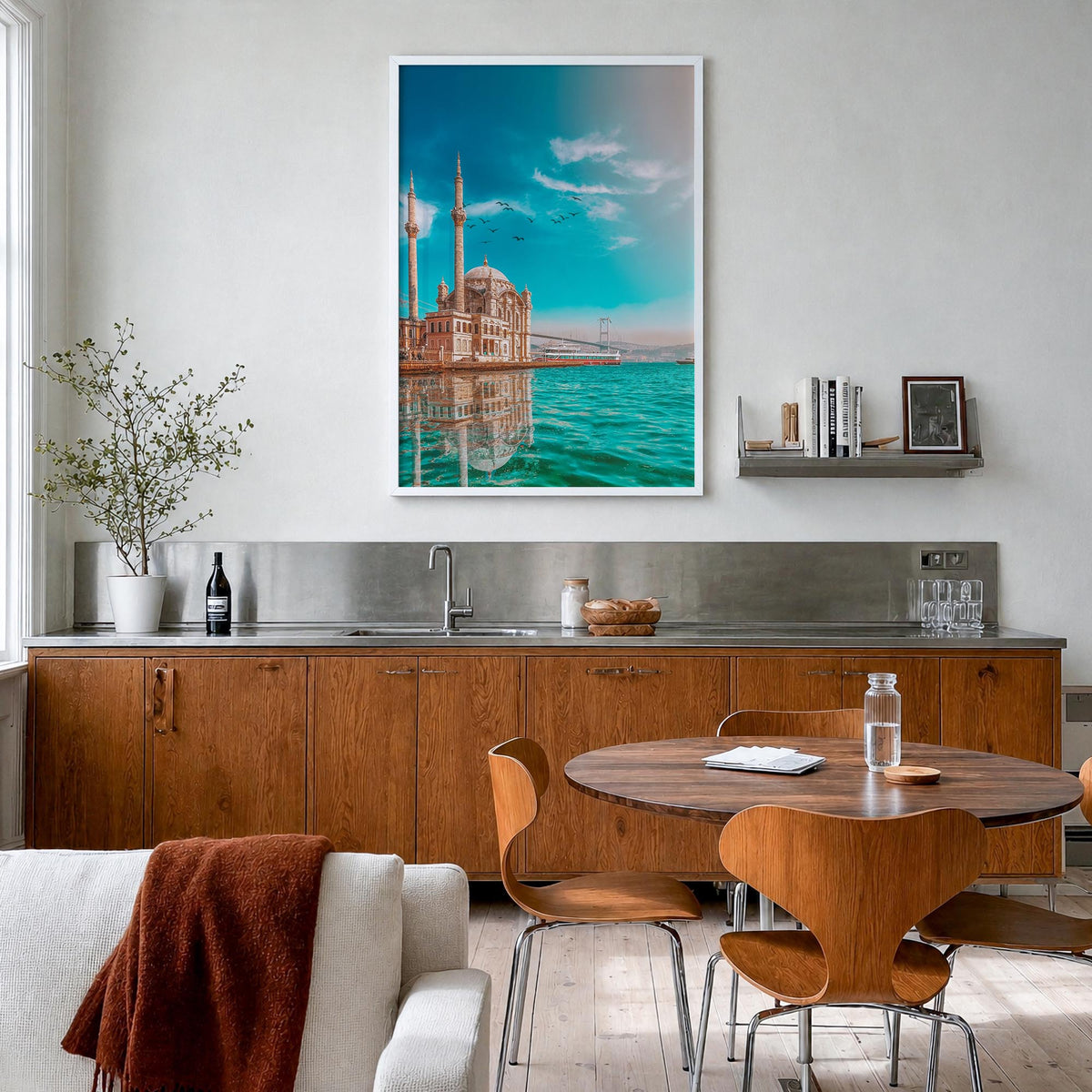 Istanbul no. 2 colorful photo poster of Türkiye – vertical wall art in white wood frame, hanging on wall