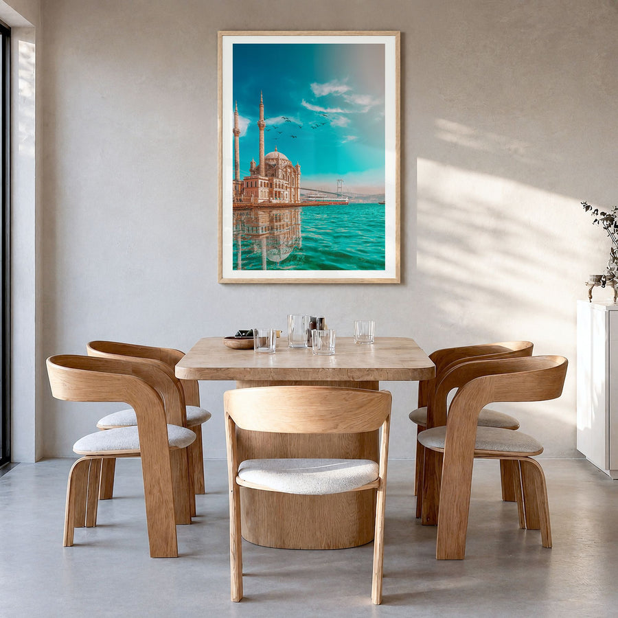 Istanbul Photo No 2 Poster in a natural wood frame, hanging in a dining room, white border