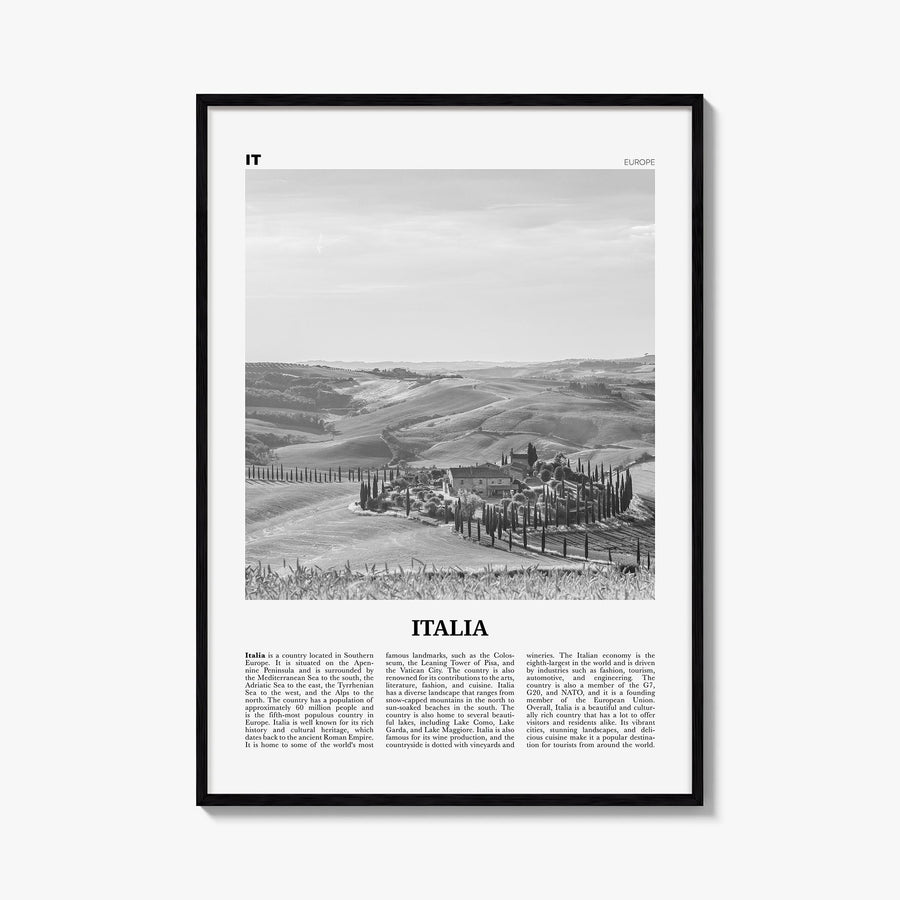 Italy no. 1 black & white newspaper poster of Europe – vertical wall art, unframed print shown in interior mockup