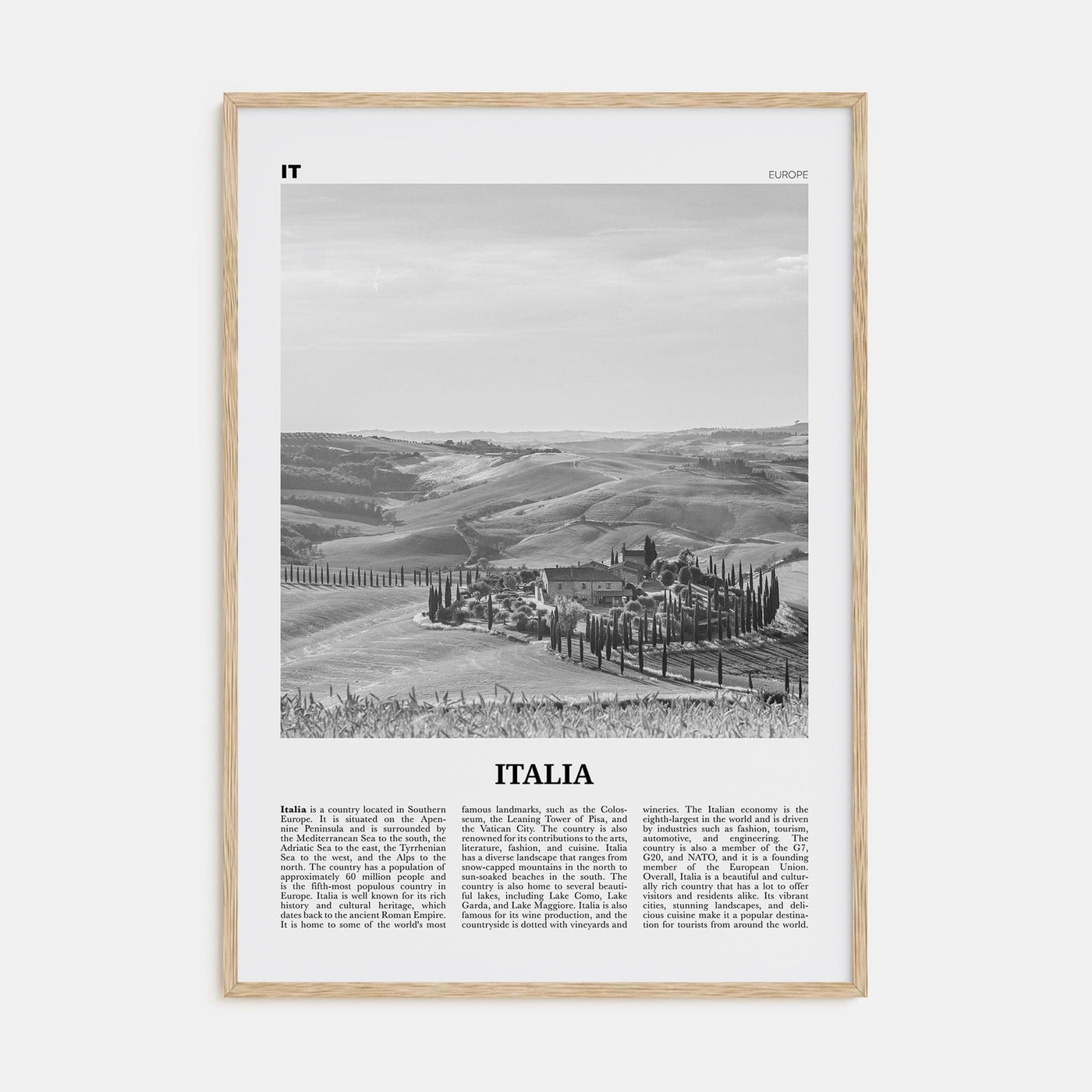 Italia Poster Natural Wood / 8x12 in Nbourhood Travel B&W Poster