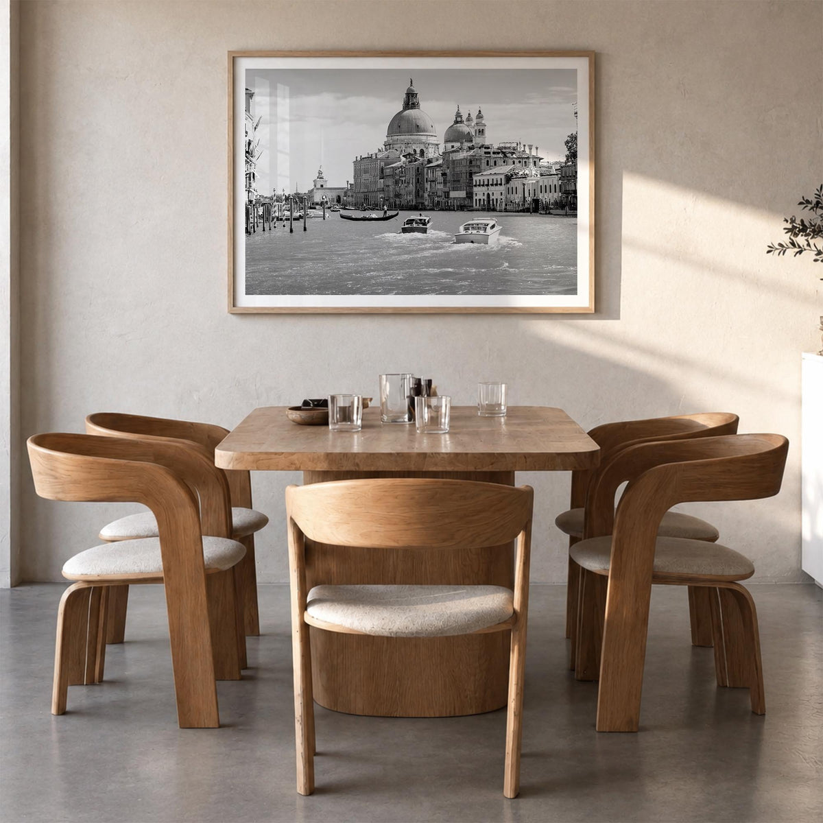 Italy black & white photo poster of Europe – horizontal wall art in natural wood frame with white border, hanging on wall