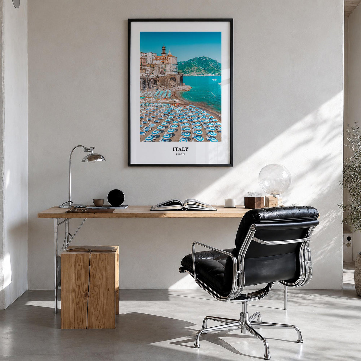 Italy colorful classic poster of Europe – vertical wall art in black wood frame, hanging on wall