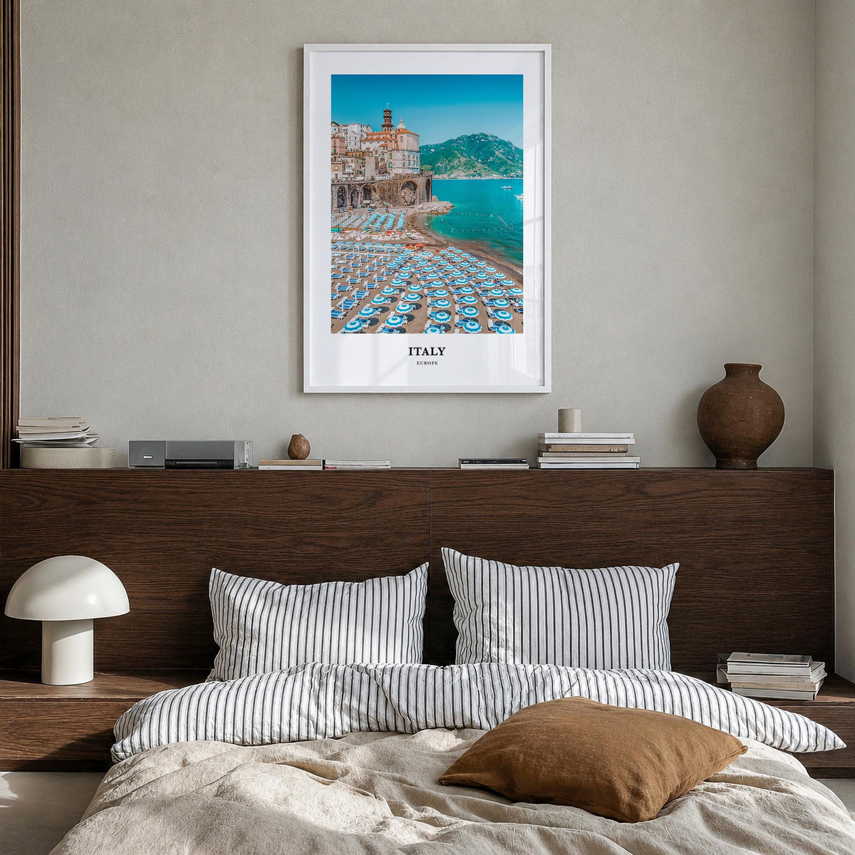 Italy colorful classic poster of Europe – vertical wall art in white wood frame, hanging on wall