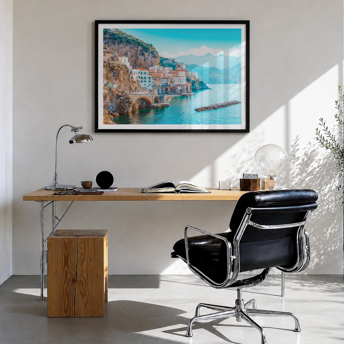 Italy colorful photo poster of Europe – horizontal wall art in black wood frame with white border, hanging on wall