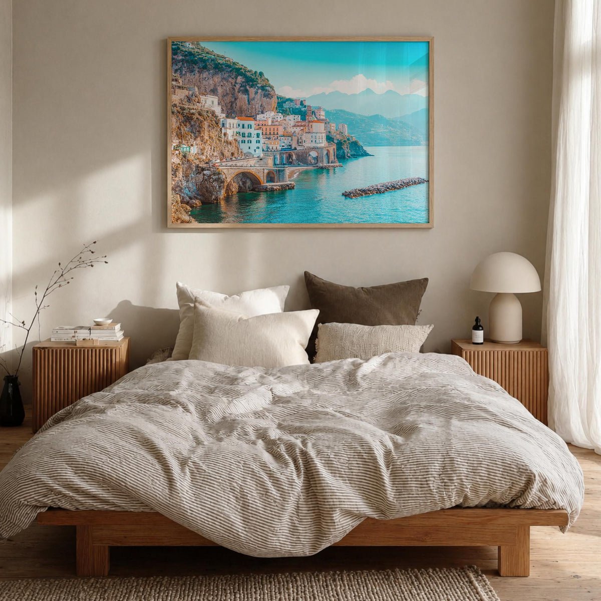 Italy colorful photo poster of Europe – horizontal wall art in natural wood frame, hanging on wall
