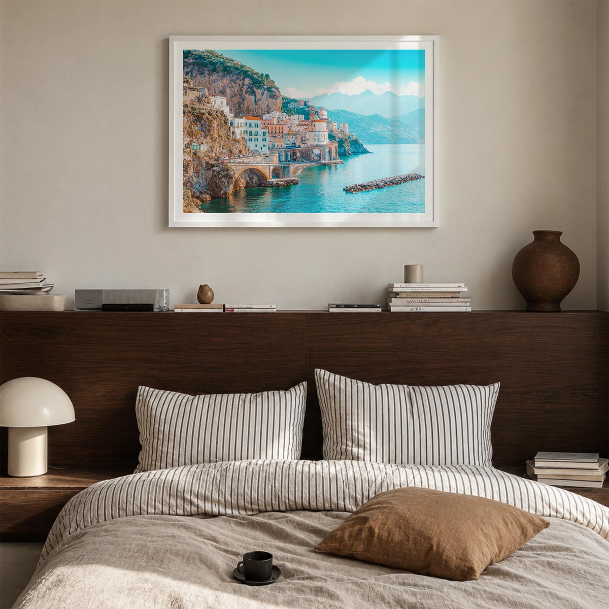 Italy colorful photo poster of Europe – horizontal wall art in white wood frame with white border, hanging on wall