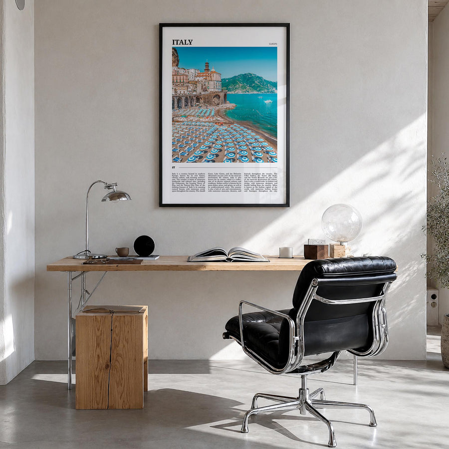 Italy colorful travel poster of Europe – vertical wall art in black wood frame, hanging on wall