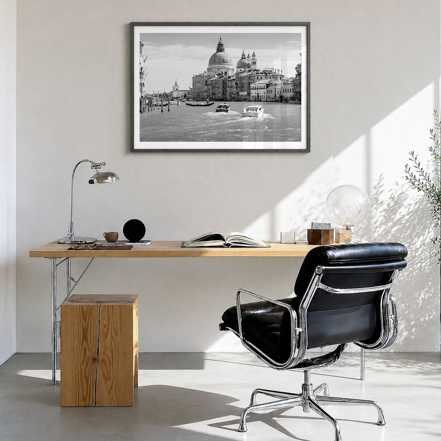 Italy Photo Poster in a black wood frame, hanging in a bright home office, white border