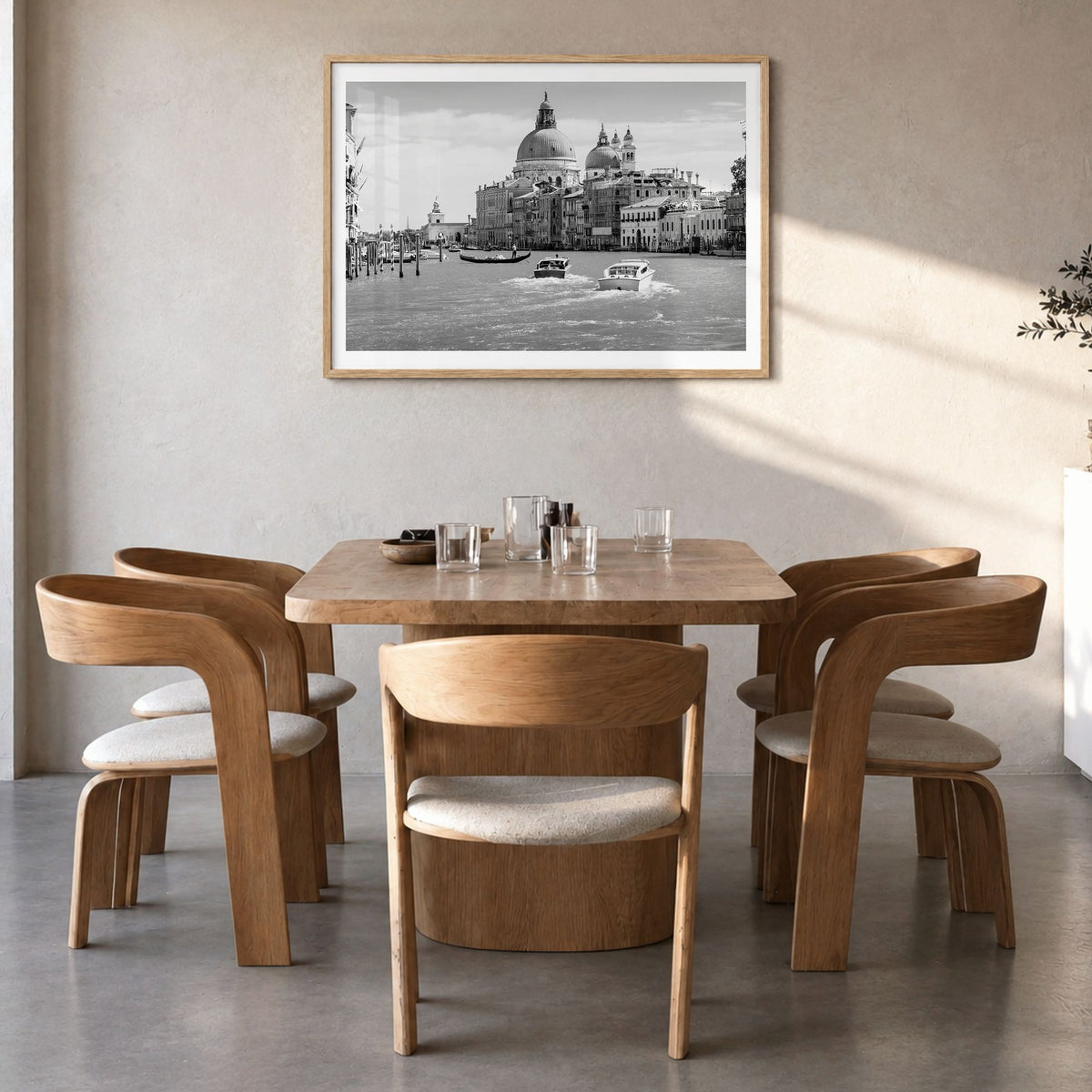 Italy Photo Poster in a natural wood frame, hanging in a dining room, white border
