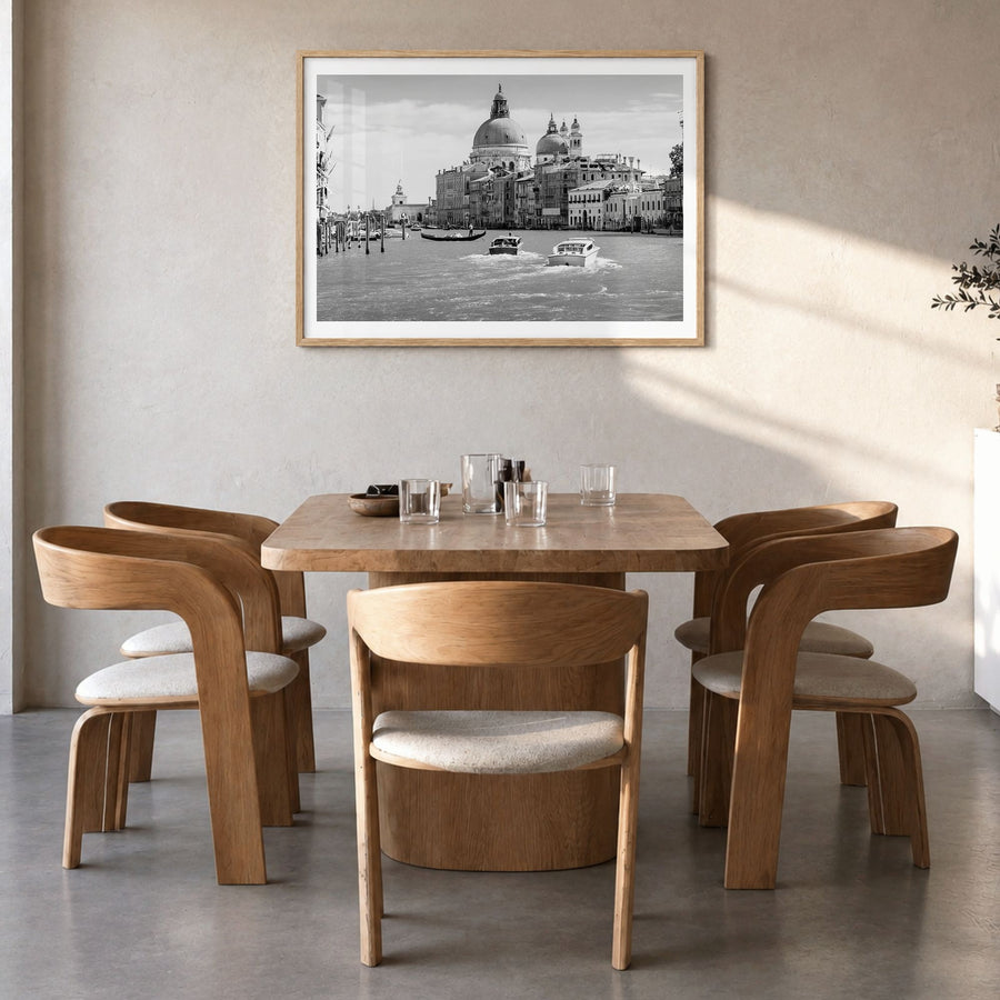 Italy Photo Poster in a natural wood frame, hanging in a dining room, white border