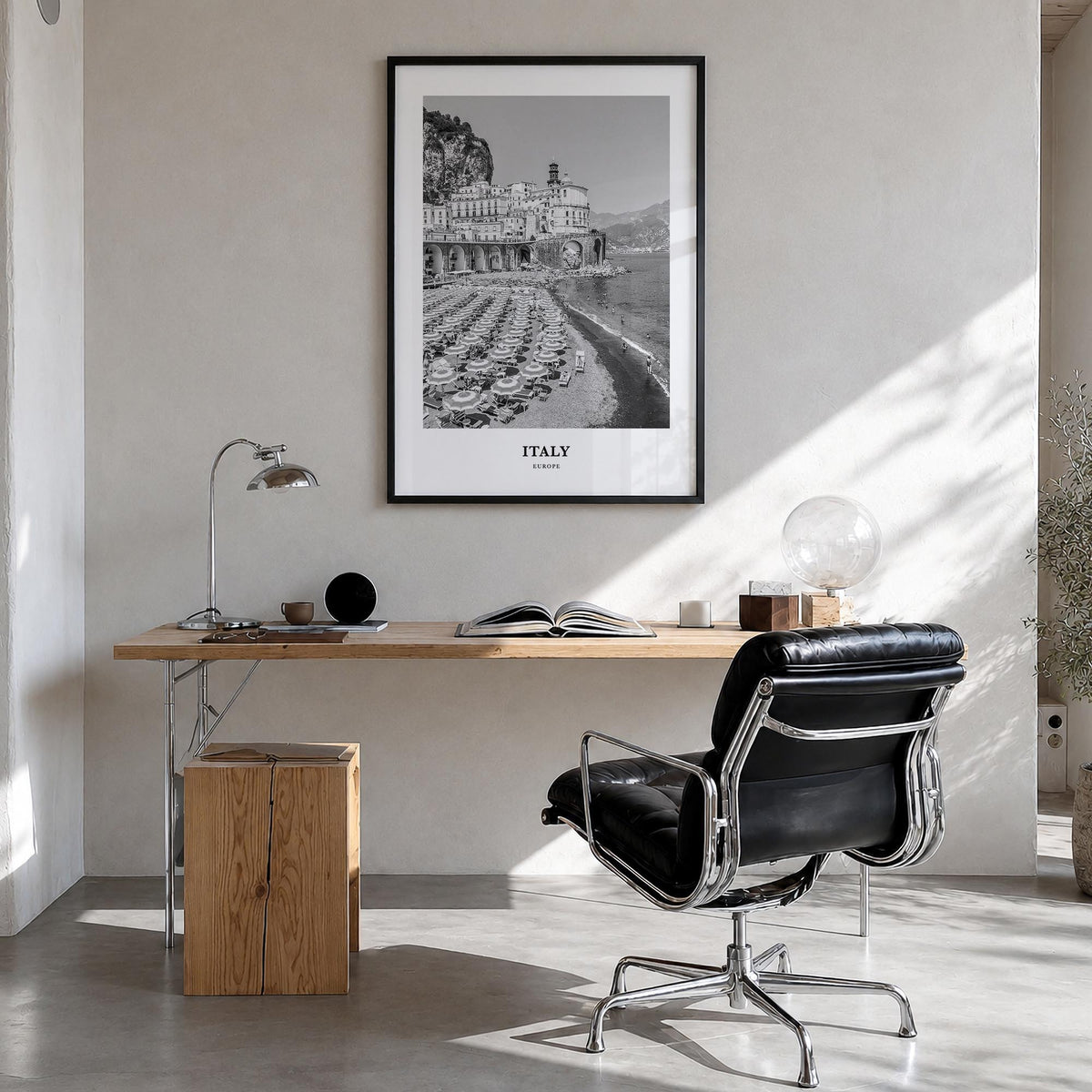 Italy no. 1 black & white classic poster of Europe – vertical wall art in black wood frame, hanging on wall
