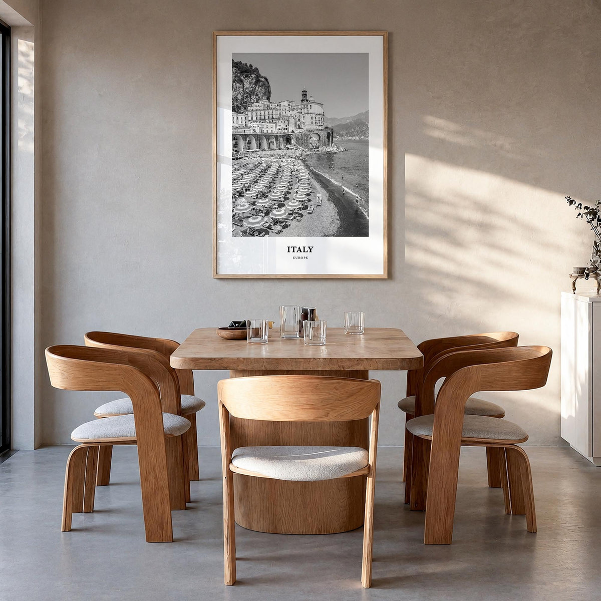 Italy no. 1 black & white classic poster of Europe – vertical wall art in natural wood frame, hanging on wall