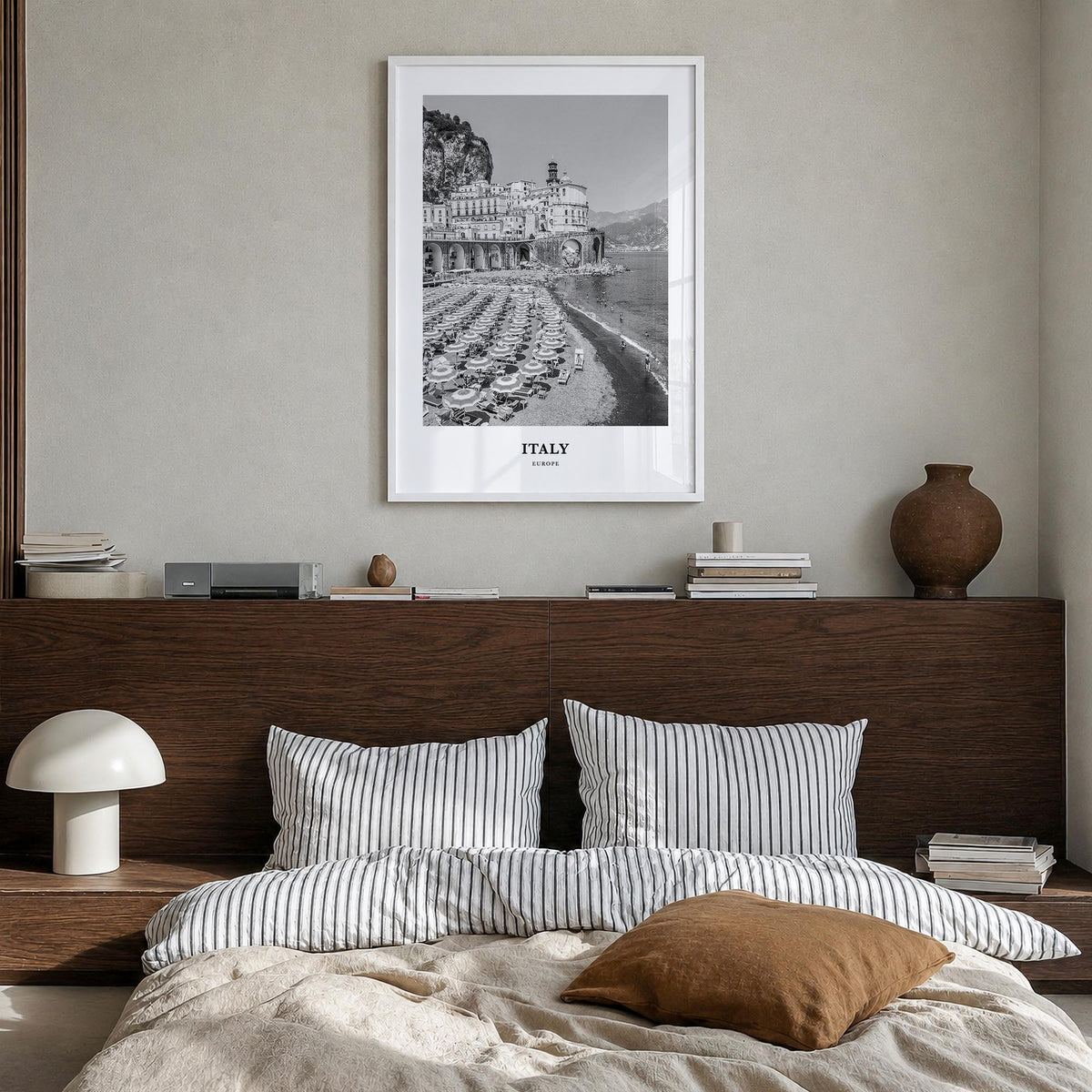 Italy no. 1 black & white classic poster of Europe – vertical wall art in white wood frame, hanging on wall