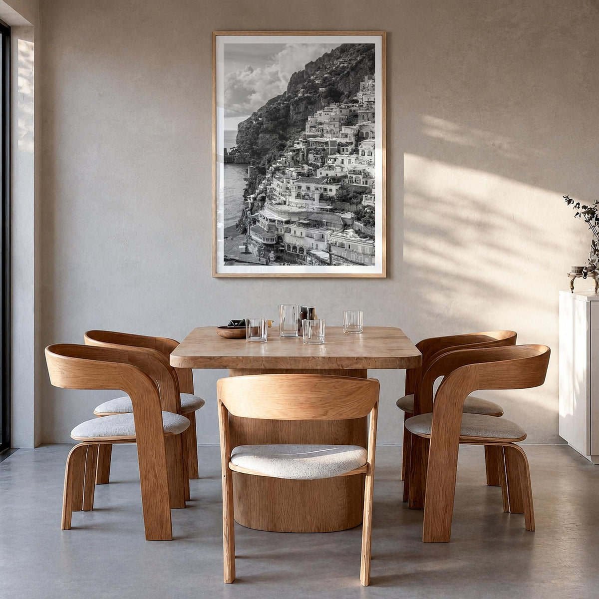 Italy no. 1 black & white photo poster of Europe – vertical wall art in natural wood frame with white border, hanging on wall