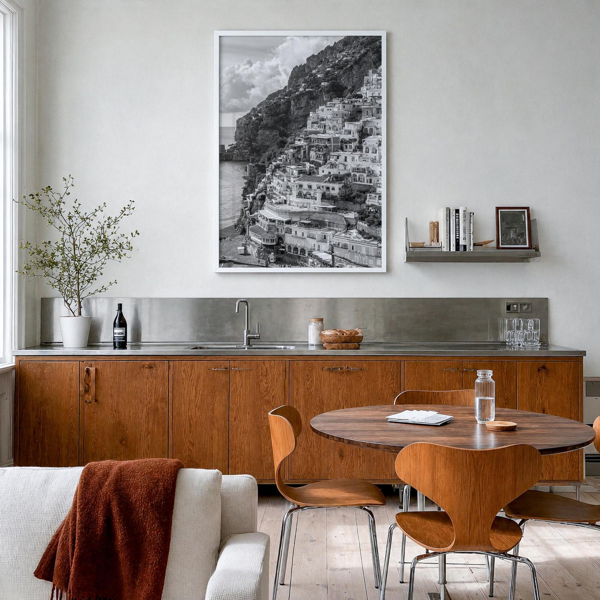 Italy no. 1 black & white photo poster of Europe – vertical wall art in white wood frame, hanging on wall