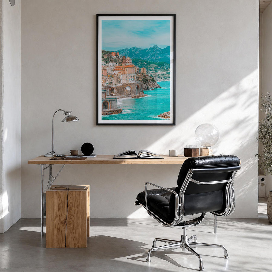 Italy no. 1 colorful photo poster of Europe – vertical wall art in black wood frame with white border, hanging on wall