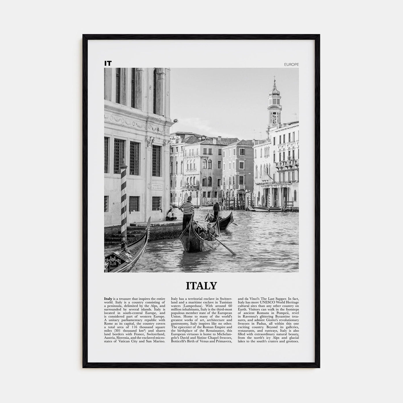 Italy No 1 Poster Black Wood / 8x12 in Nbourhood Travel B&W Poster