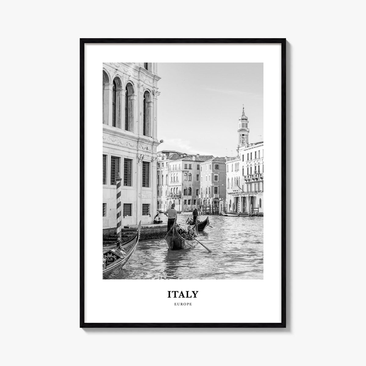 Italy no. 2 black & white classic poster of Europe – vertical wall art, unframed print shown in interior mockup